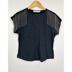 RM Rebecca Minkoff Fringe Shoulder Short Sleeve Tee Black Medium NWOT